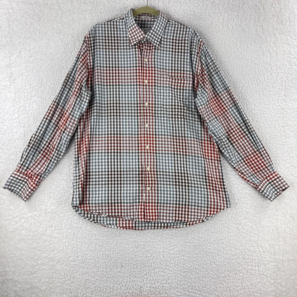 Peter Millar Gray Gingham Print Button-Up‎ Dress Shirt Mens Long Sleeve Size L